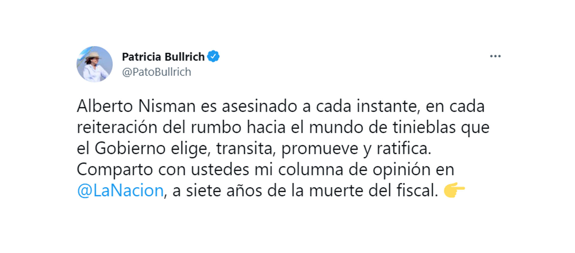 Tuit de la presidenta del PRO, Patricia Bullrich