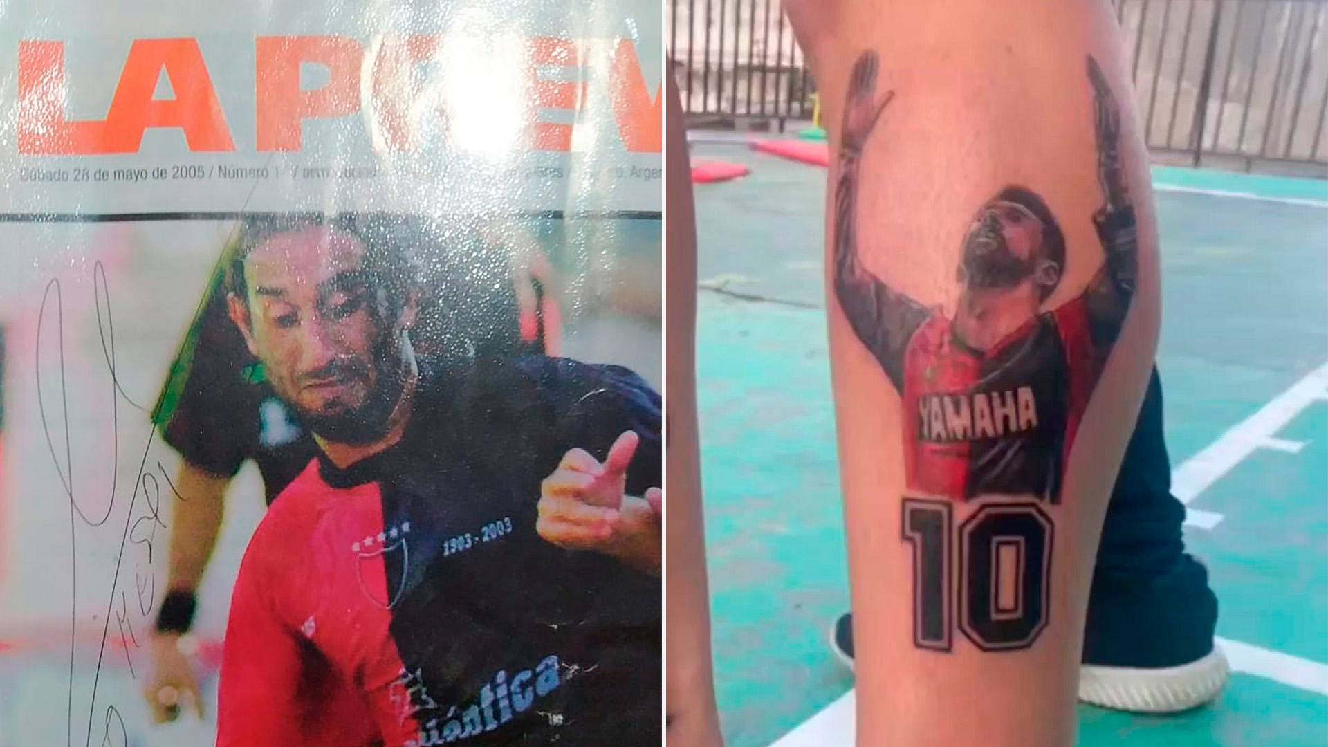 La revista que Messi le firmó a Alejandro en 2005 y todavía atesora (izquierda). Su tatuaje en el gemelo izquierdo (derecha)