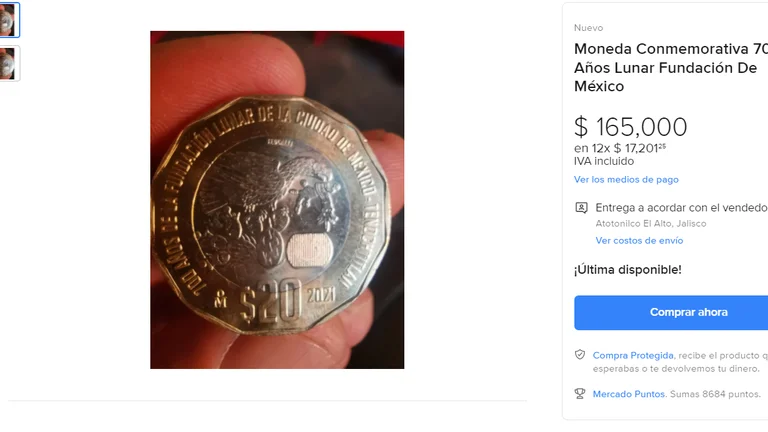 Moneda 20 pesos de los 700 años. (Foto: Mercado Libre)