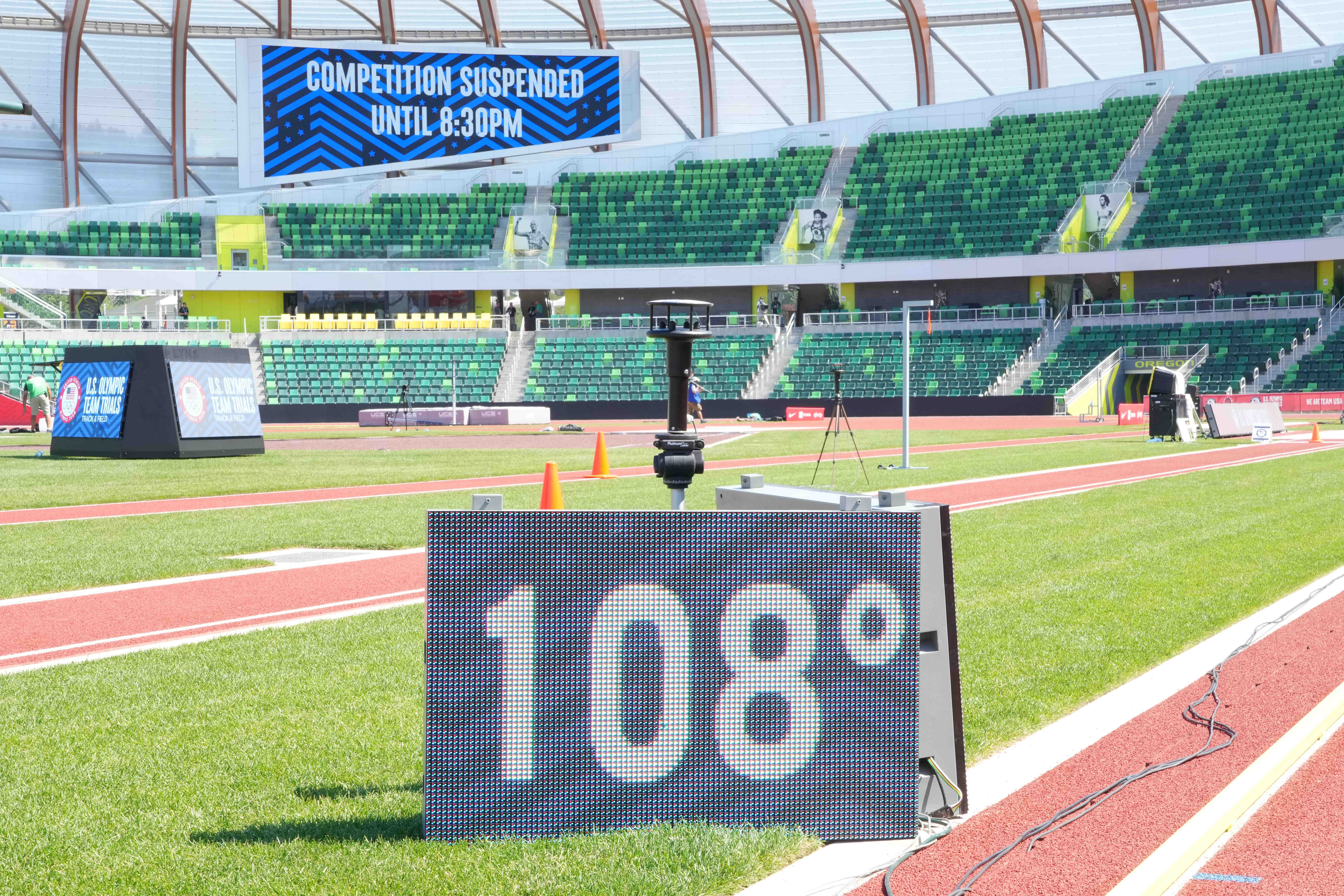 Jun 27, 2021; Eugene, OR, USA; The temperature reads 108 degrees during the US Olympic Team Trials at Hayward Field. Mandatory Credit: Kirby Lee-USA TODAY Sports