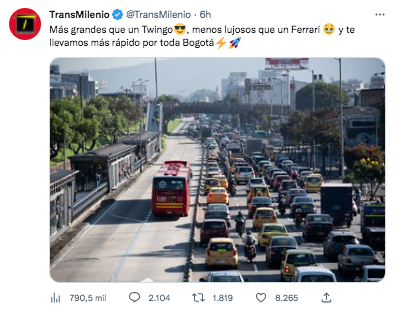Transmilenio en Bogotá, también se unió a la tendencia en redes sociales tras el lanzamiento de Shakira y promocionó su servicio. @TransMilenio/Twitter