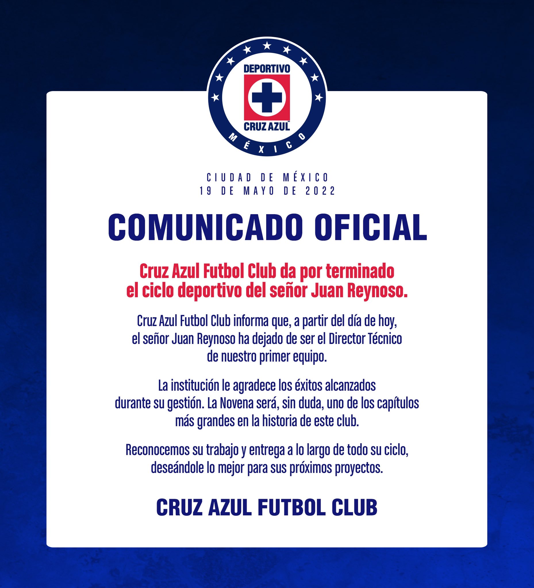 Comunicado oficial de la directiva de Cruz Azul y el despido de Juan Reynoso (Foto: Twitter/@CruzAzul)
