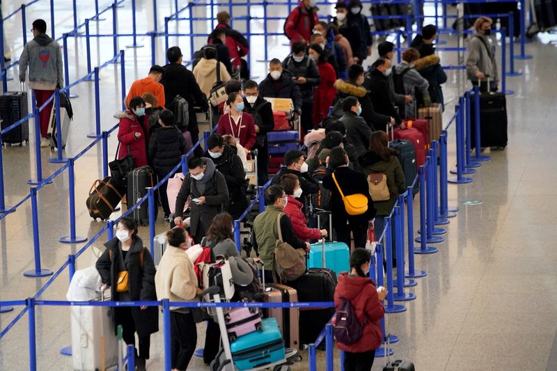 FOTO DE ARCHIVO: Un grupo de viajeros con mascarilla esperan en fila en el aeropuerto internacional de Pudong en Shanghái, China, el 7 de enero de 2020. REUTERS/Aly Song