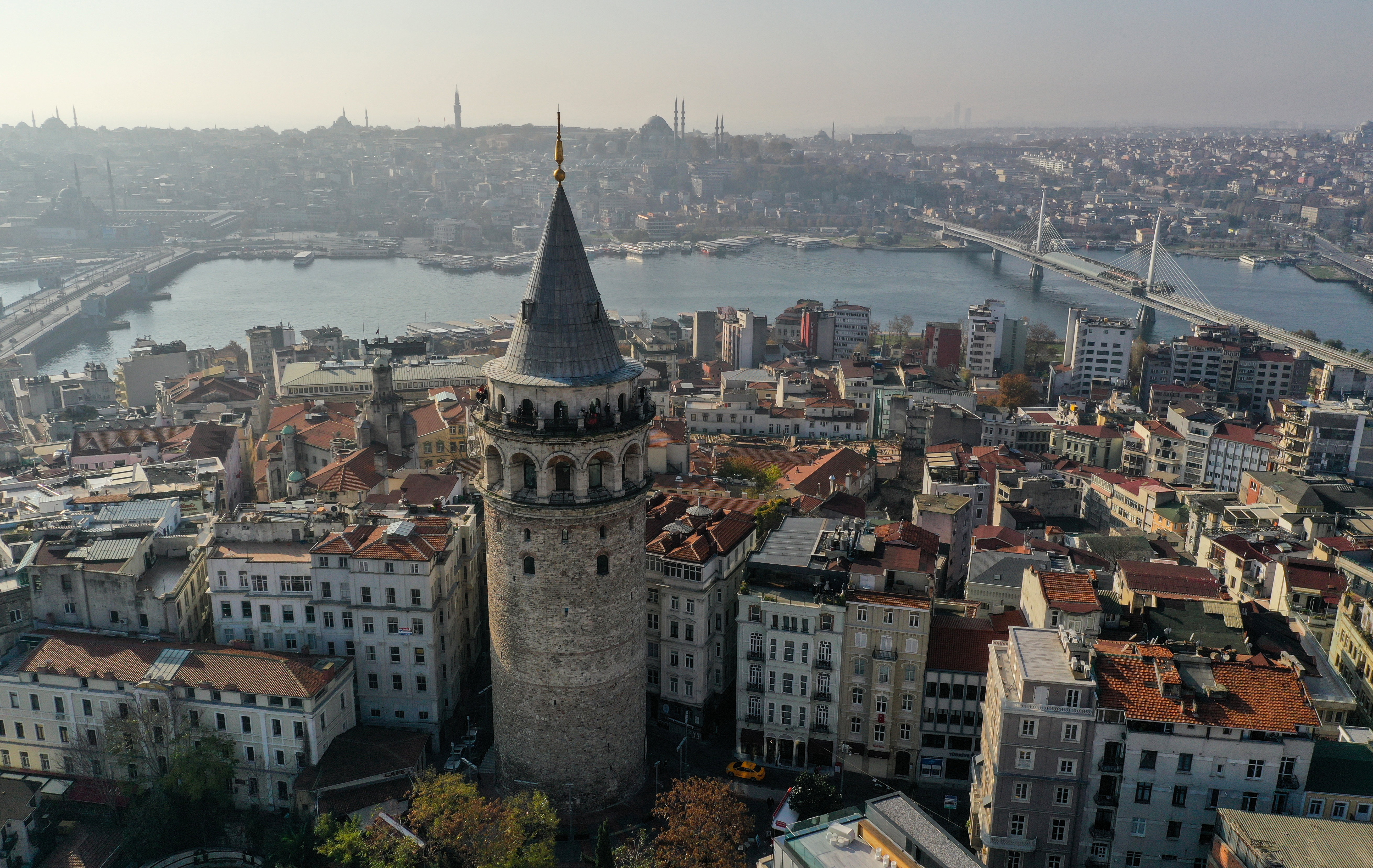 Drone footage reveals historical Galata Tower during a two-day curfew which was imposed to prevent the spread of the coronavirus disease (COVID-19), in Istanbul, Turkey, December 5, 2020. REUTERS/Mehmet Emin Caliskan