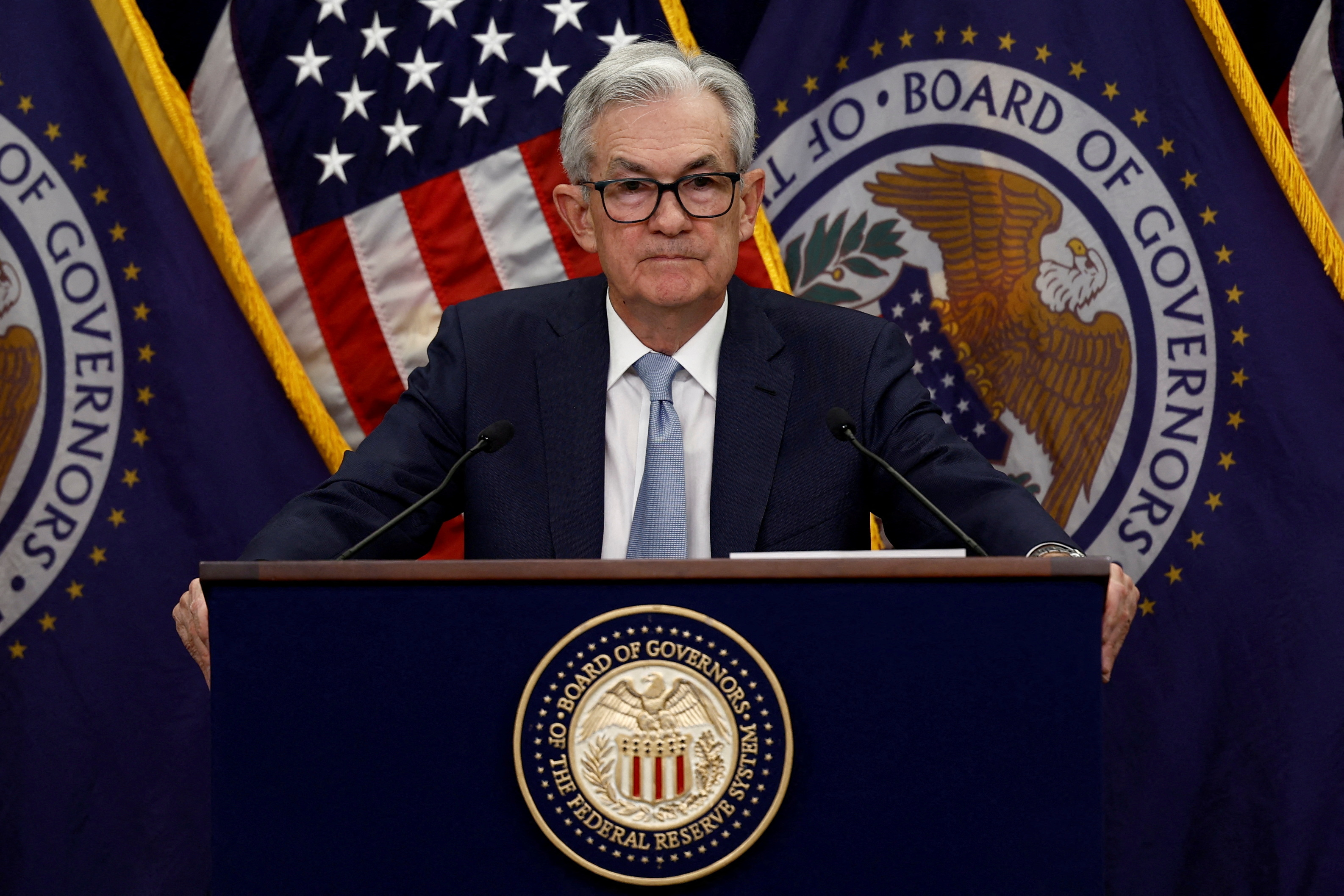 FILE PHOTO: Federal Reserve Board Chairman Jerome Powell holds a news conference in Washington