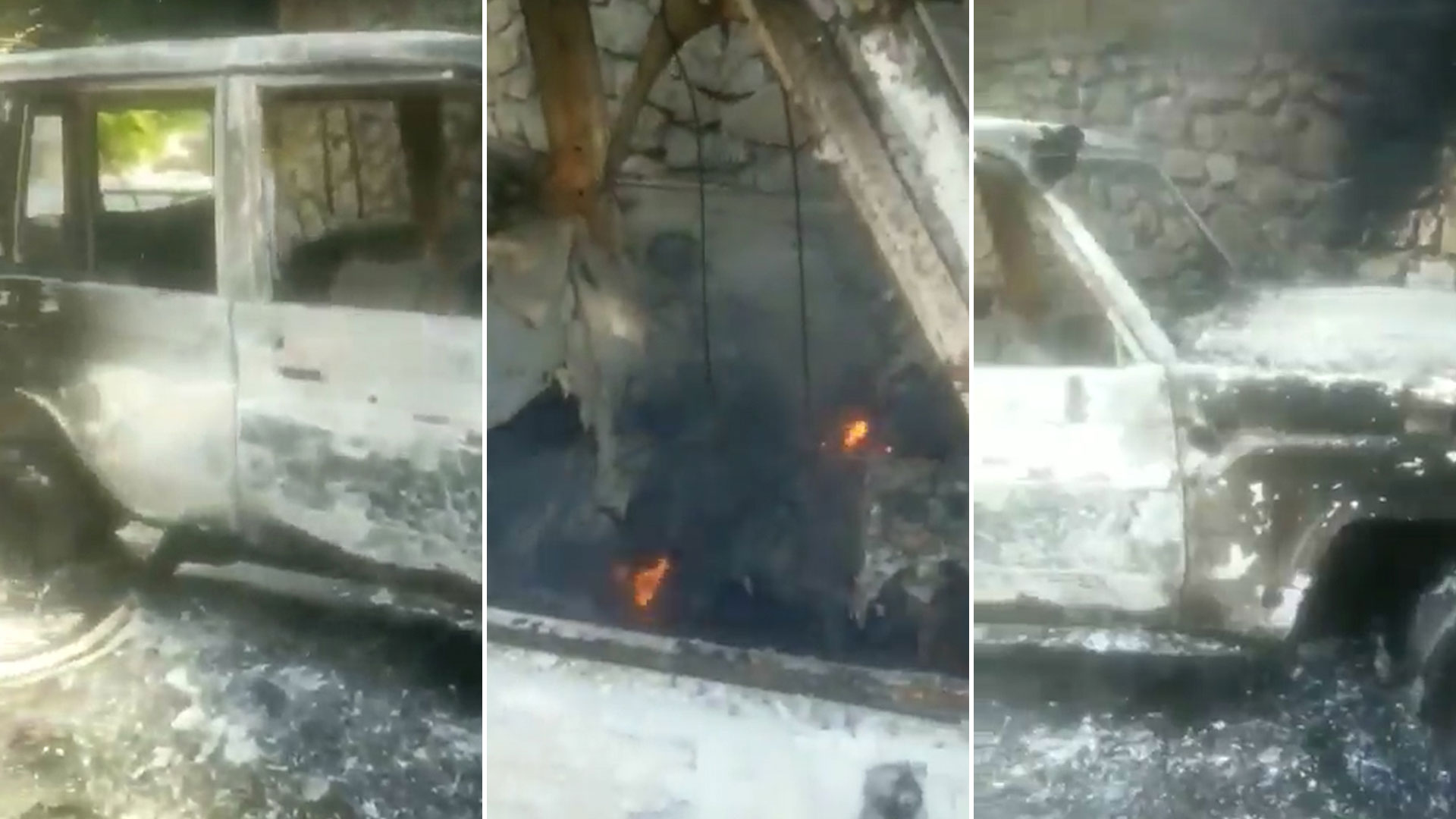 Los restos del auto del ex senador quemado vivo en Puerto Príncipe