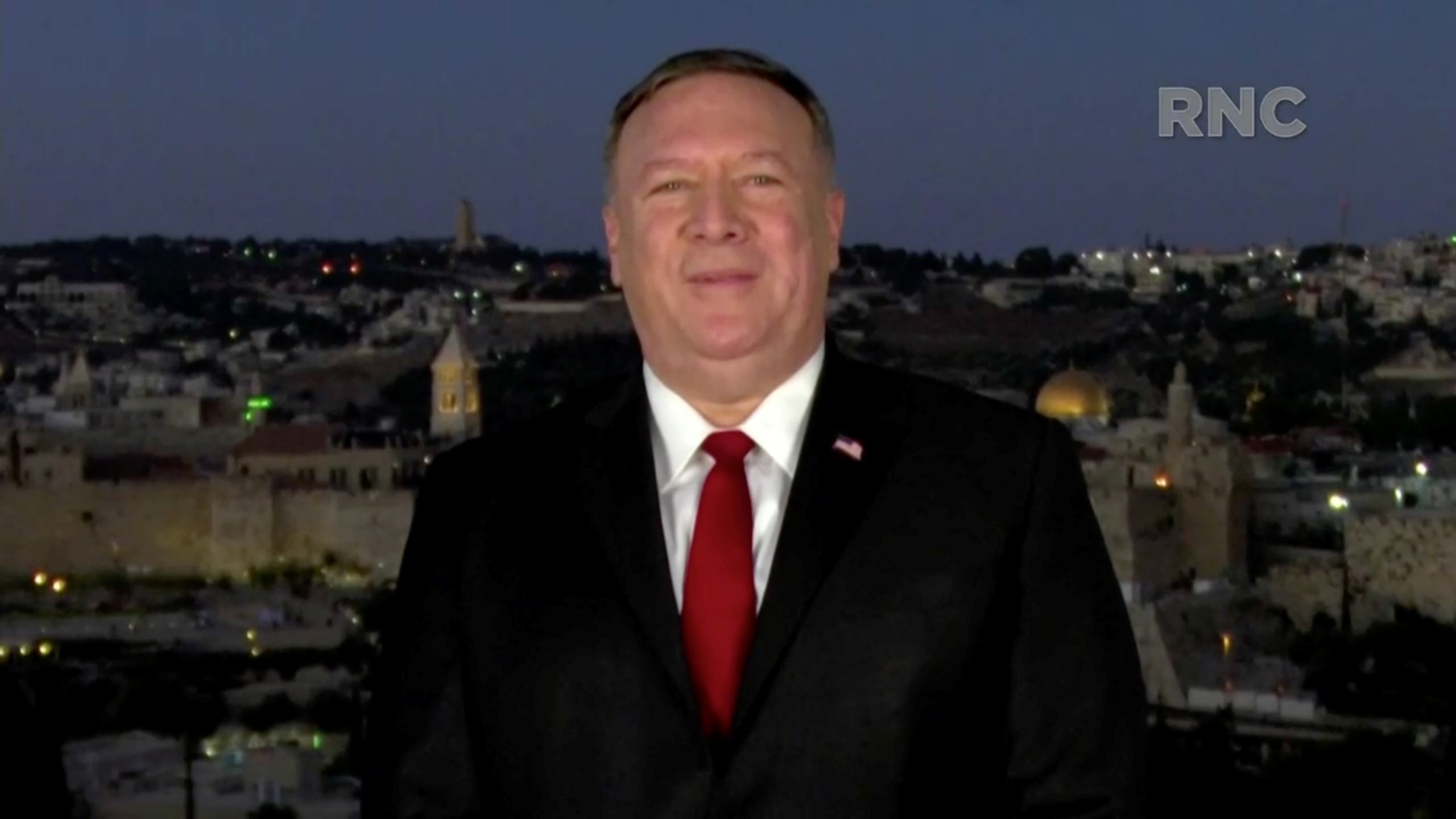 U.S. Secretary of State Mike Pompeo speaks by video feed from Jerusalem during the largely virtual 2020 Republican National Convention broadcast from Washington, U.S. August 25, 2020. 2020 Republican National Convention/Handout via REUTERS THIS IMAGE HAS BEEN SUPPLIED BY A THIRD PARTY
