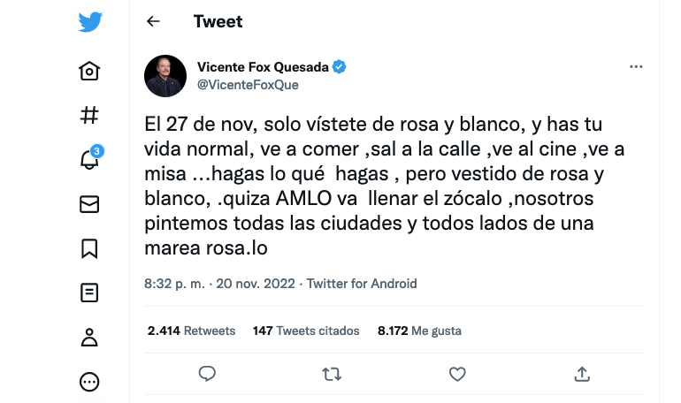 Vicente Fox definió el moviento de AMLO como La marcha del ego vs la marcha del millón. (Twitter). 