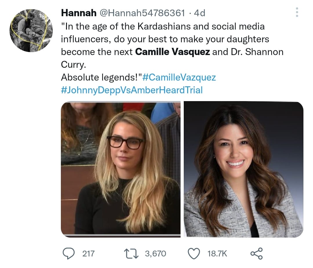 La abogada de Jhonny Depp, de origen colombiano, generó admiración en redes sociales de parte de quienes siguen el juicio de los actores de Hollywood. Tomada de Twitter.