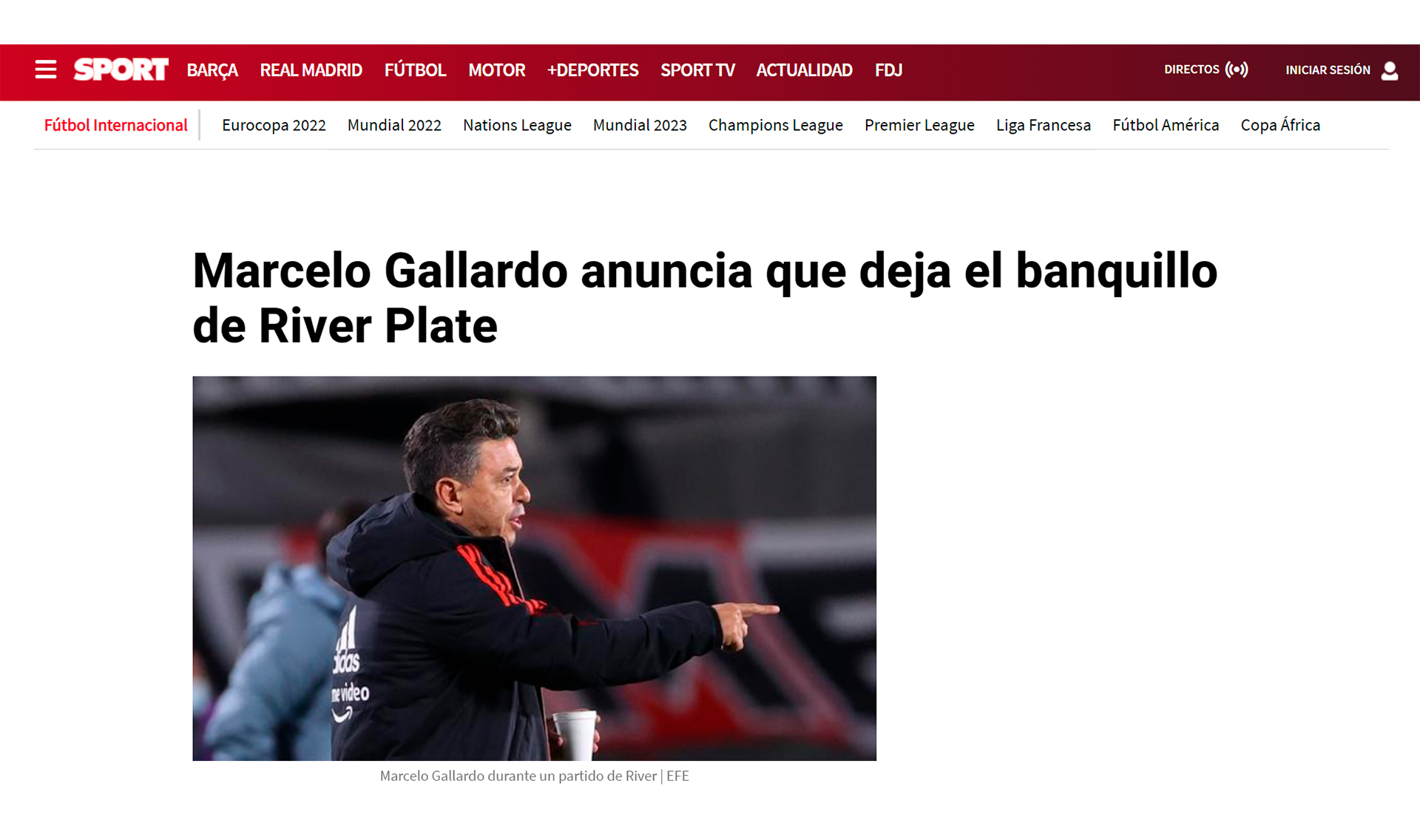 El diario Sport de Catalunya con el tema del día en la Argentina: la decisión de Marcelo Gallardo