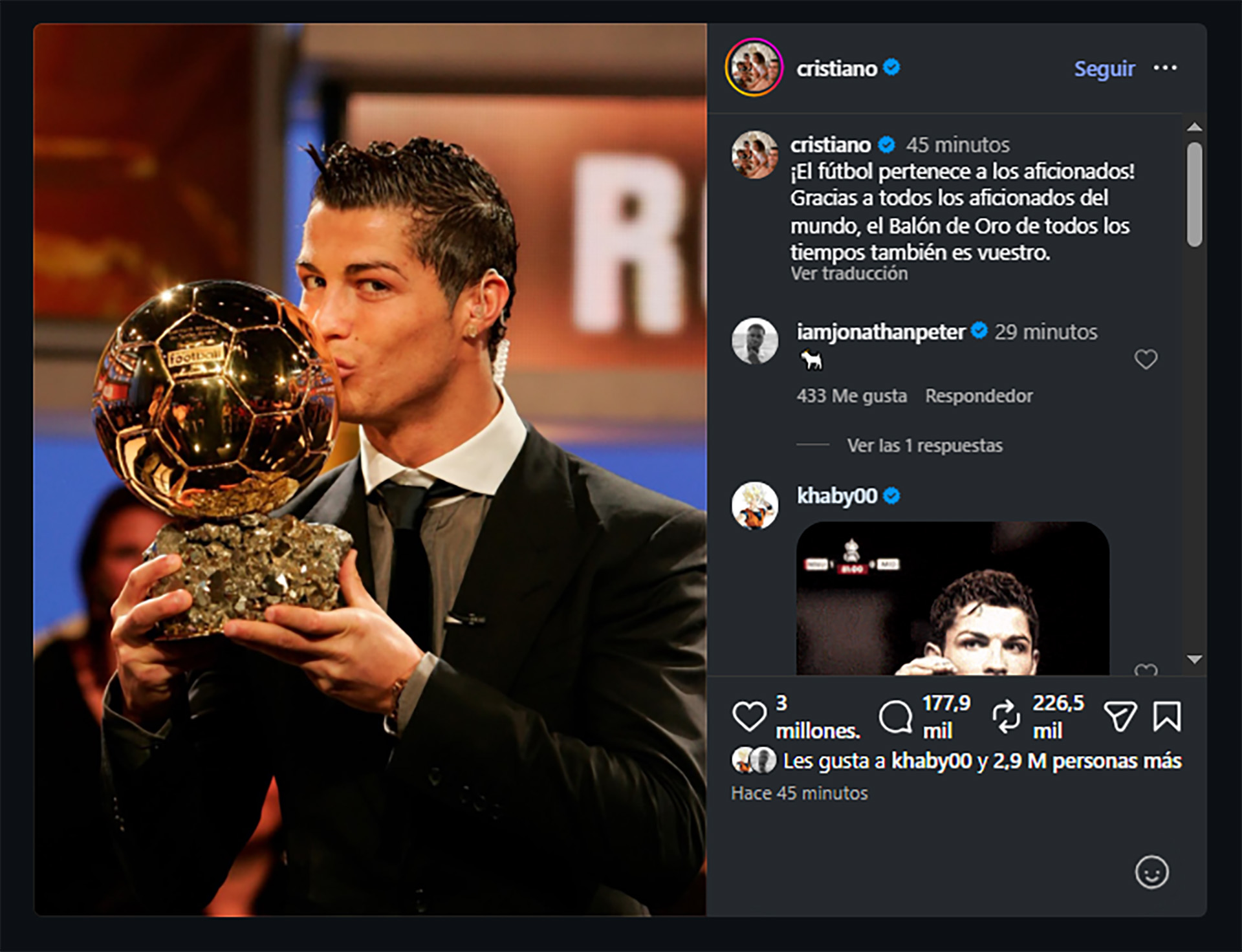 El provocador mensaje de Cristiano Ronaldo tras ganar la votación del "Balón de Oro de todos los tiempos"