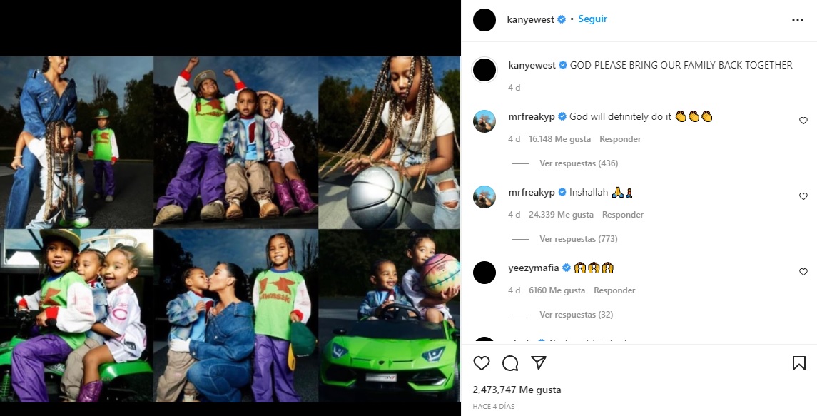 El collage que compartió Kanye West en Instagram. En él aparecen Kim Kardashian y los cuatro hijos que tienen en común. Junto a la imagen, compartió un texto para pedir a Dios que reúna de nuevo a su familia (Foto: Instagram @kanyewest)