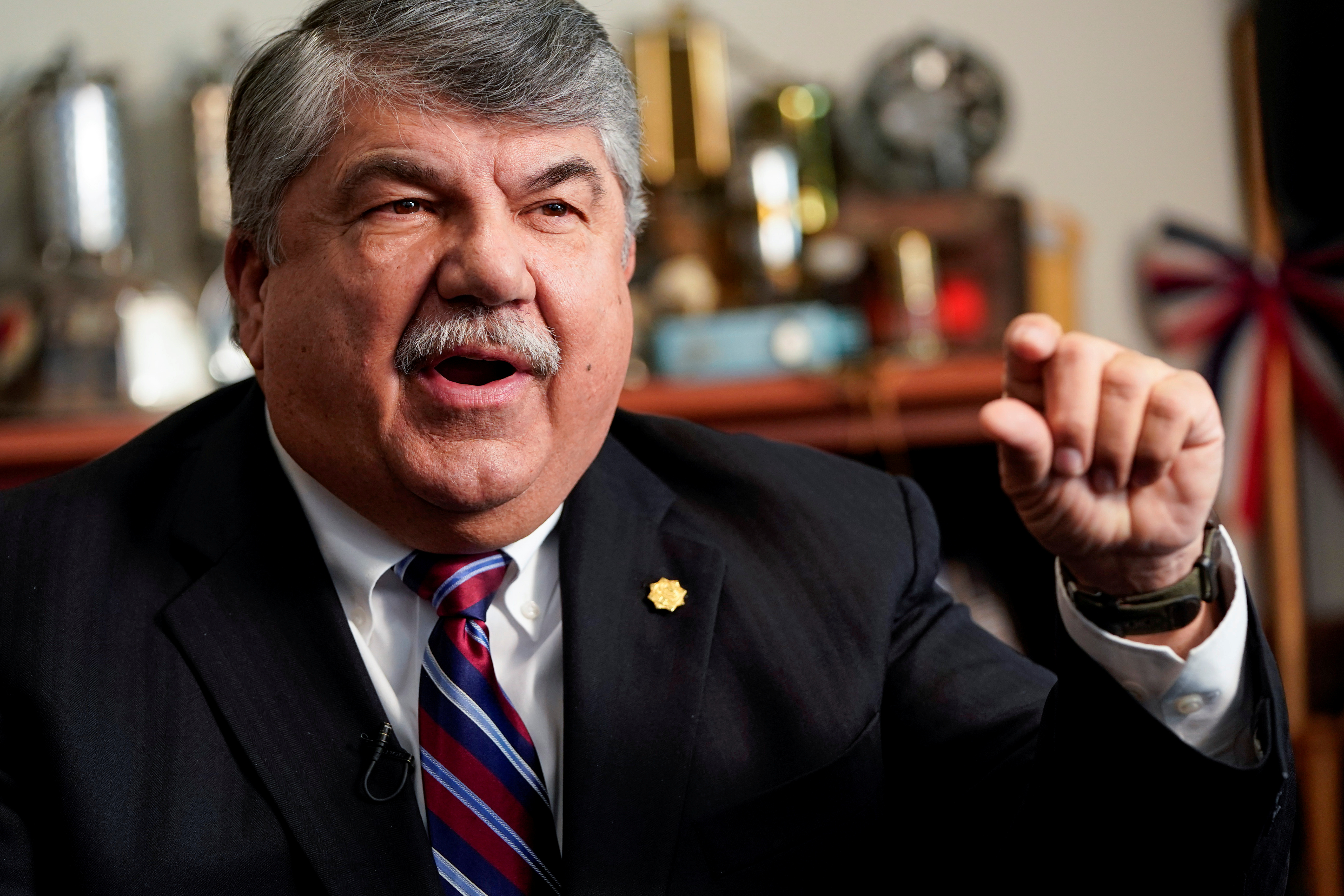 FILE PHOTO: President of the AFL-CIO Richard Trumka speaks about his role in securing labor protections in the USMCA trade agreement during an interview with Reuters in Washington, U.S., December 19, 2019.      REUTERS/Joshua Roberts/File Photo