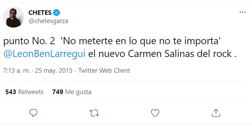 Chetes fue el único de Mexrrisey quien reaccionó al ataque de Larregui en Twitter (Captura: Twitter @chetesgarza)
