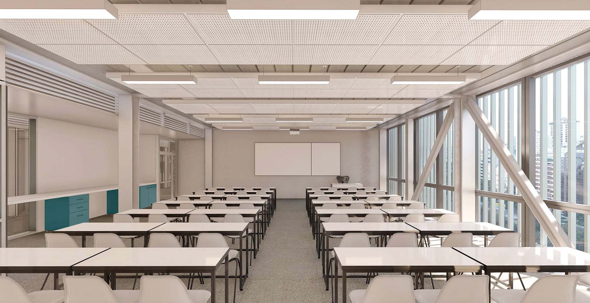 El proyecto de la construcción futura de uso institucional contempla un auditorio, una sala de streaming, espacios de coworking, áreas abiertas y externas, cafetería y aulas en todos los pisos