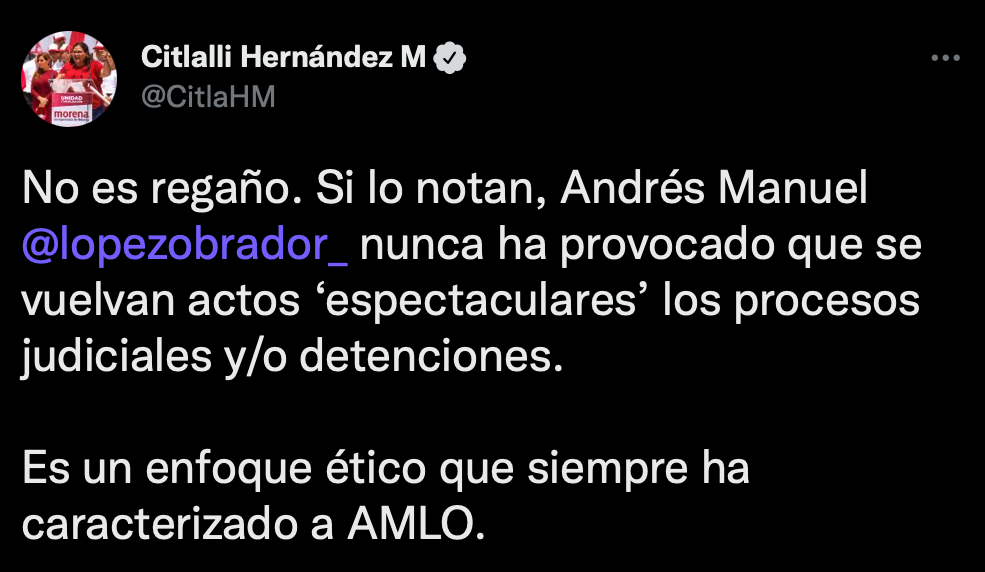 La secretaria general de Morena negó "regaño" de AMLO por tema Alito Moreno (Foto: Twitter/@CitlaHM)