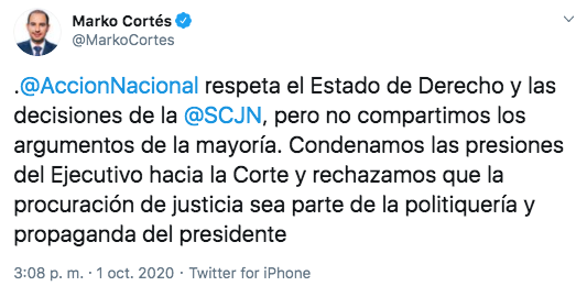 Marko Cortés, presidente nacional del PAN, rechazó que la procuración de justicia sea parte de la "propaganda del presidente" (Foto: Twitter)