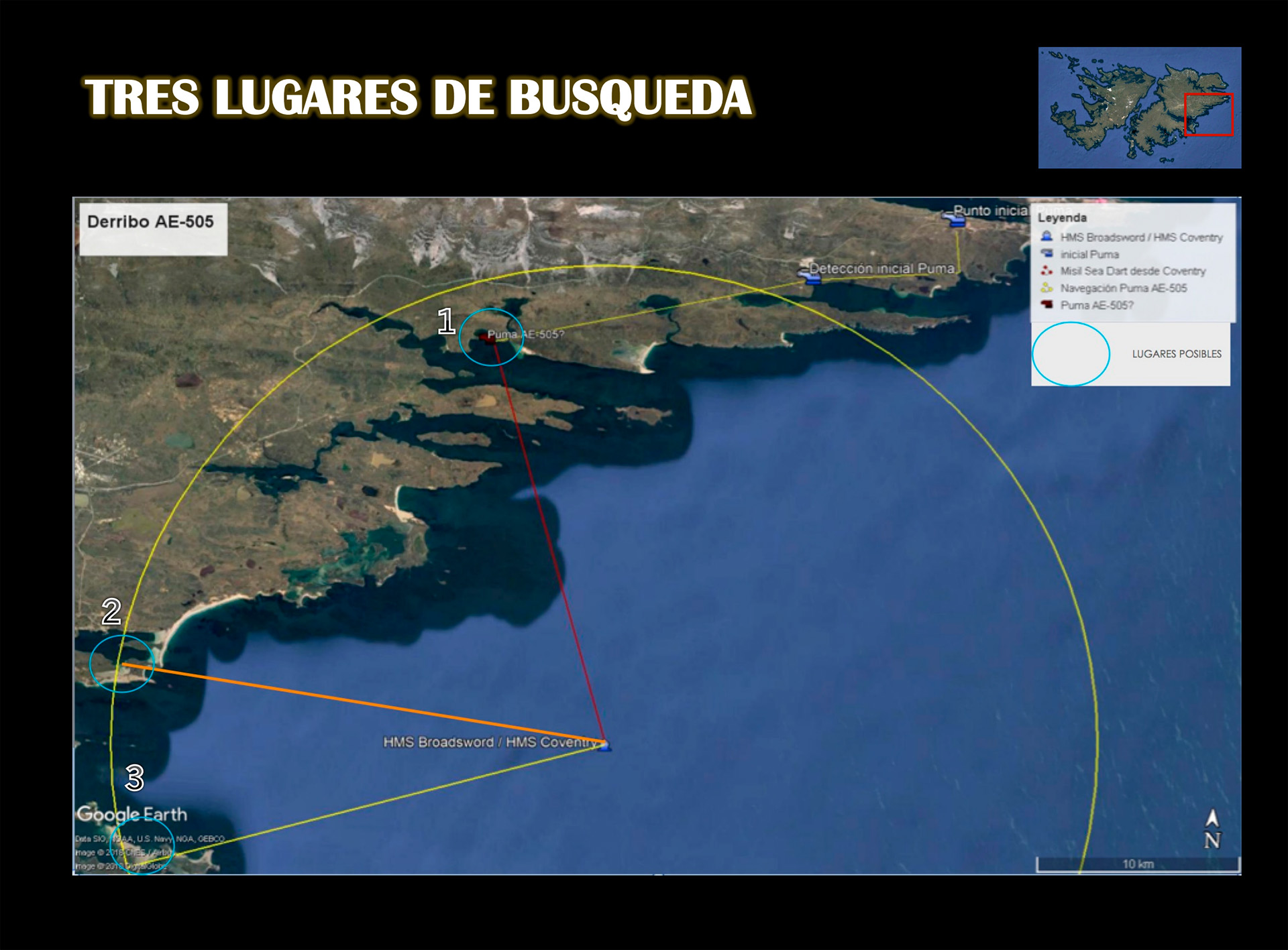 Los lugares de búsqueda: la Isla Bougainville, Puerto Agradable e EAST COVE - Estructuras Hundidas