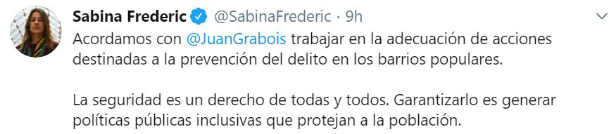 El tuit que publicó la ministra de Seguridad