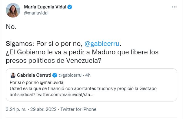 La respuesta de María Eugenia Vidal a Gabriela Cerrutti en Twitter