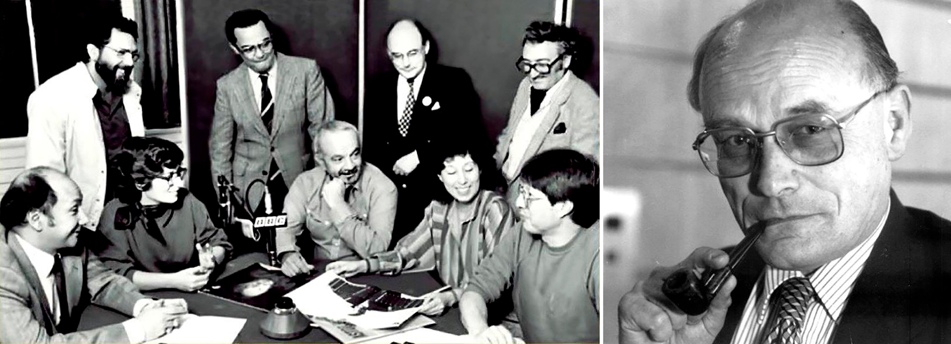 Ástor Piazzolla en la BBC de Londres junto a Simón Collier, 1985. (Gentileza Fundación Internacional Carlos Gardel)
