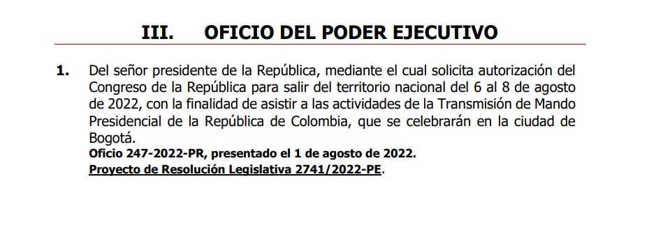 Extracto de agenda del Pleno del Congreso de la República.