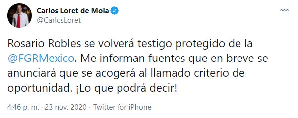 Carlos Loret de Mola informó a través de su cuenta de twitter (Foto: Twitter@CarlosLoret)