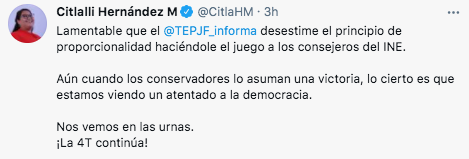 Citlali Hernández secundó la postura del dirigente nacional de Morena en relación a la decisión del TEPJF (Foto: captura de pantalla / Twitter@CitlaHM)