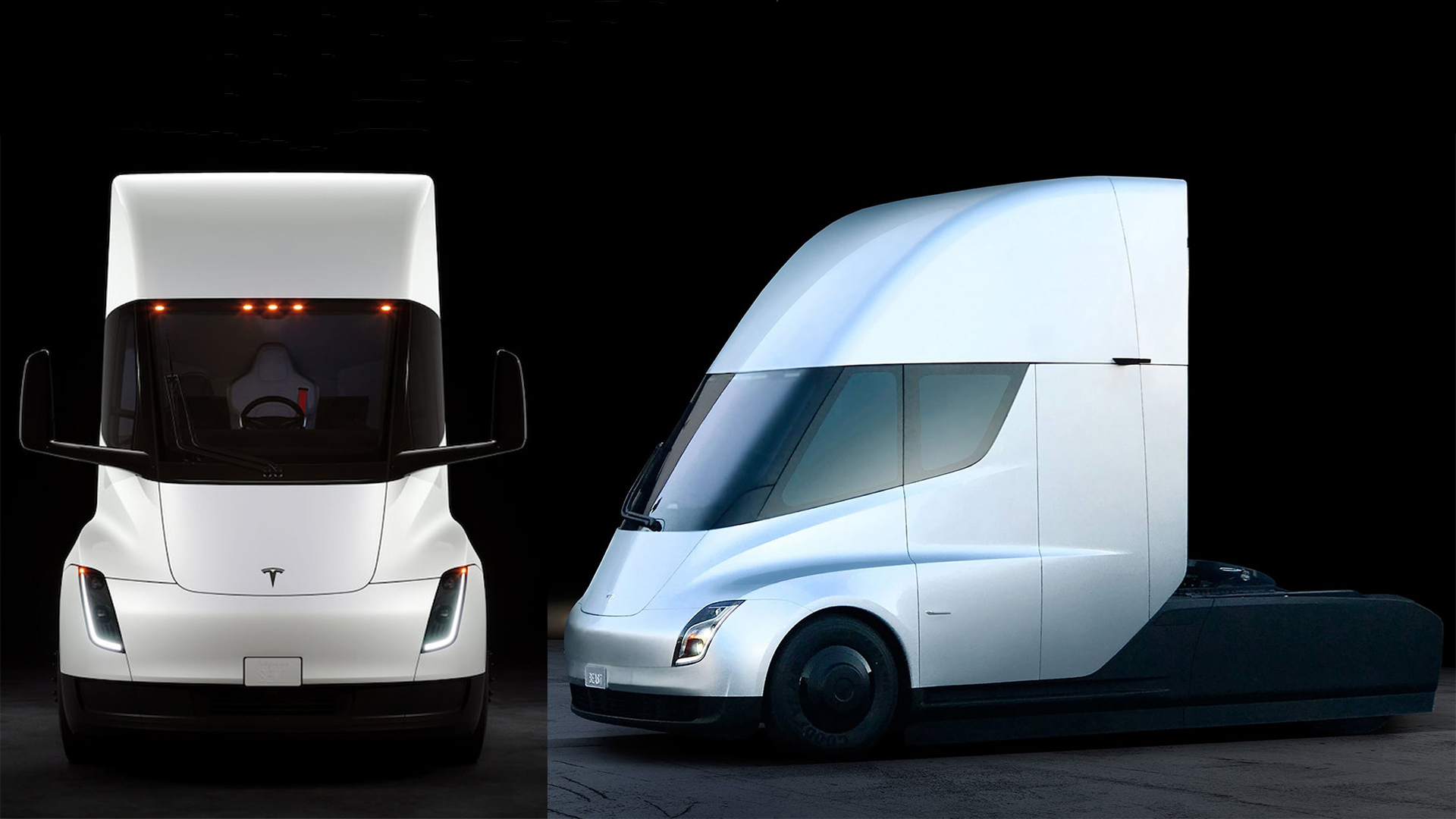 The new version and the original of the Tesla Semi.  Now the back streets are uncovered and the rear-view mirrors that were previously planned have been replaced by cameras