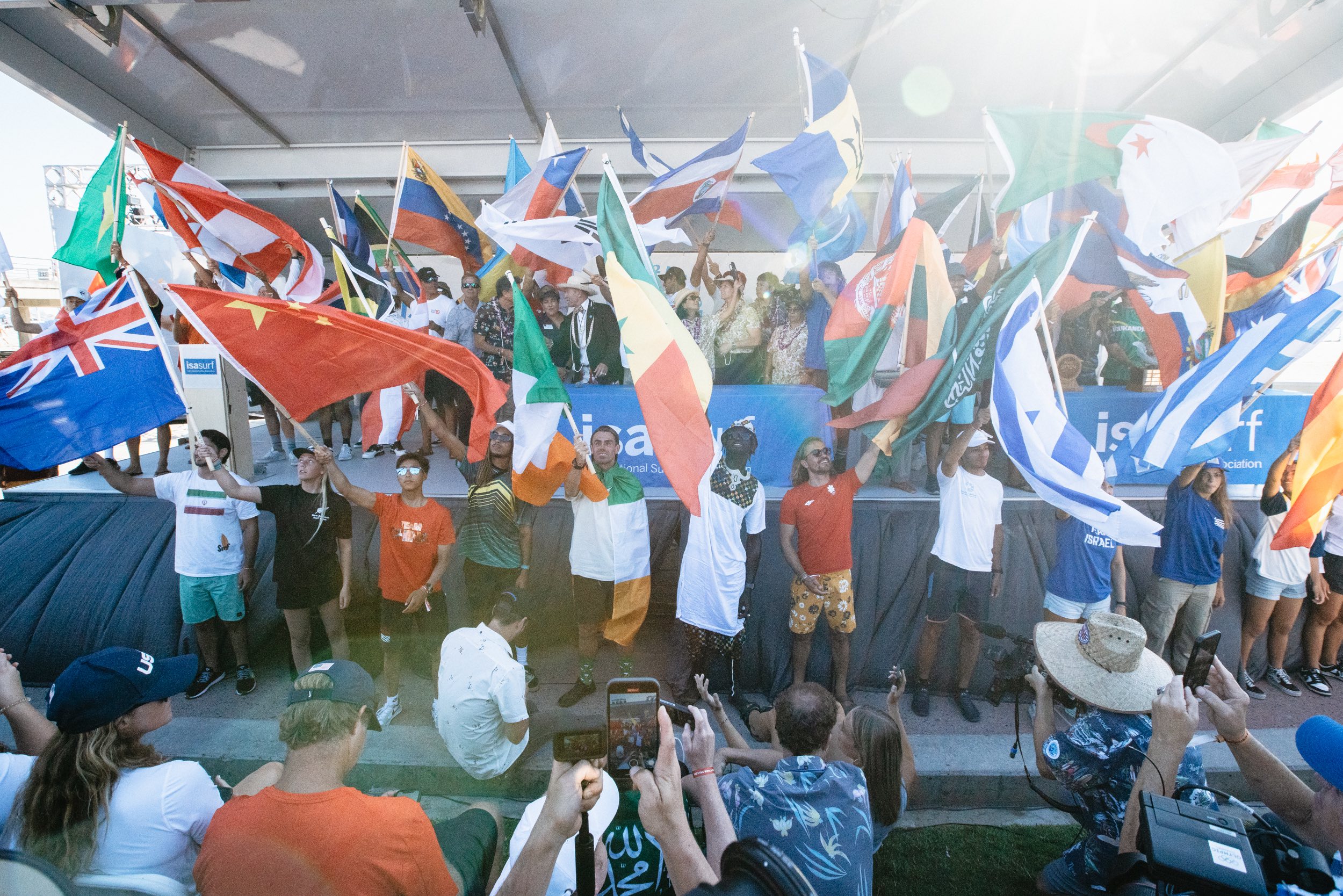 The flags of the 51 nations competing as Agueree declares open the World Surfing Games