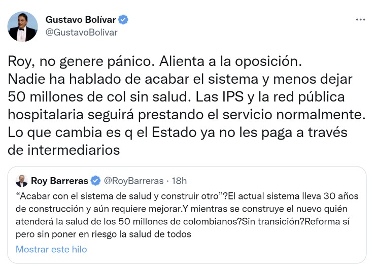 Gustavo Bolívar attacks Roy Barreras for criticizing the health reform