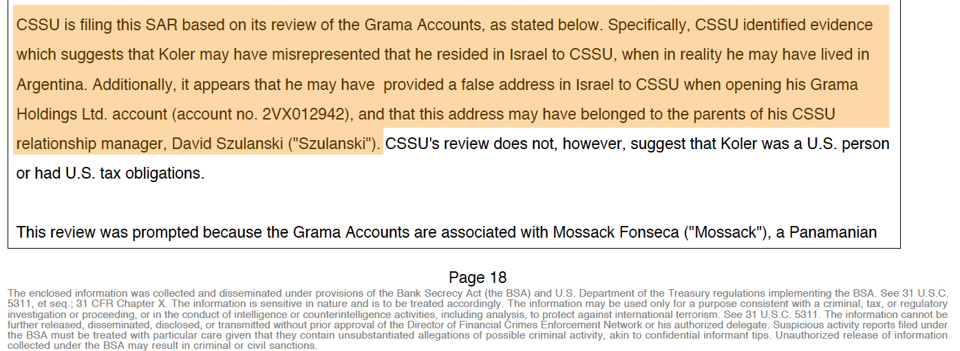 El extracto del SAR donde el Credit Suisse Securities de Nueva York advierte que existía evidencia de que "Koler puede haber tergiversado que residía en Israel para el CSSU, cuando en realidad pudo haber vivido en Argentina”, al abrir la cuenta de la firma Grama Holdings en 2012.