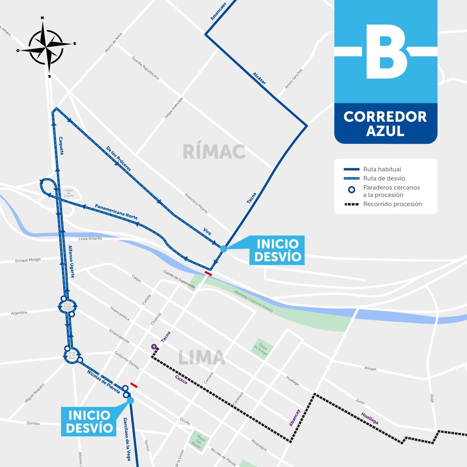 Rutas y desvíos del corredor azul por las calles del Centro de Lima