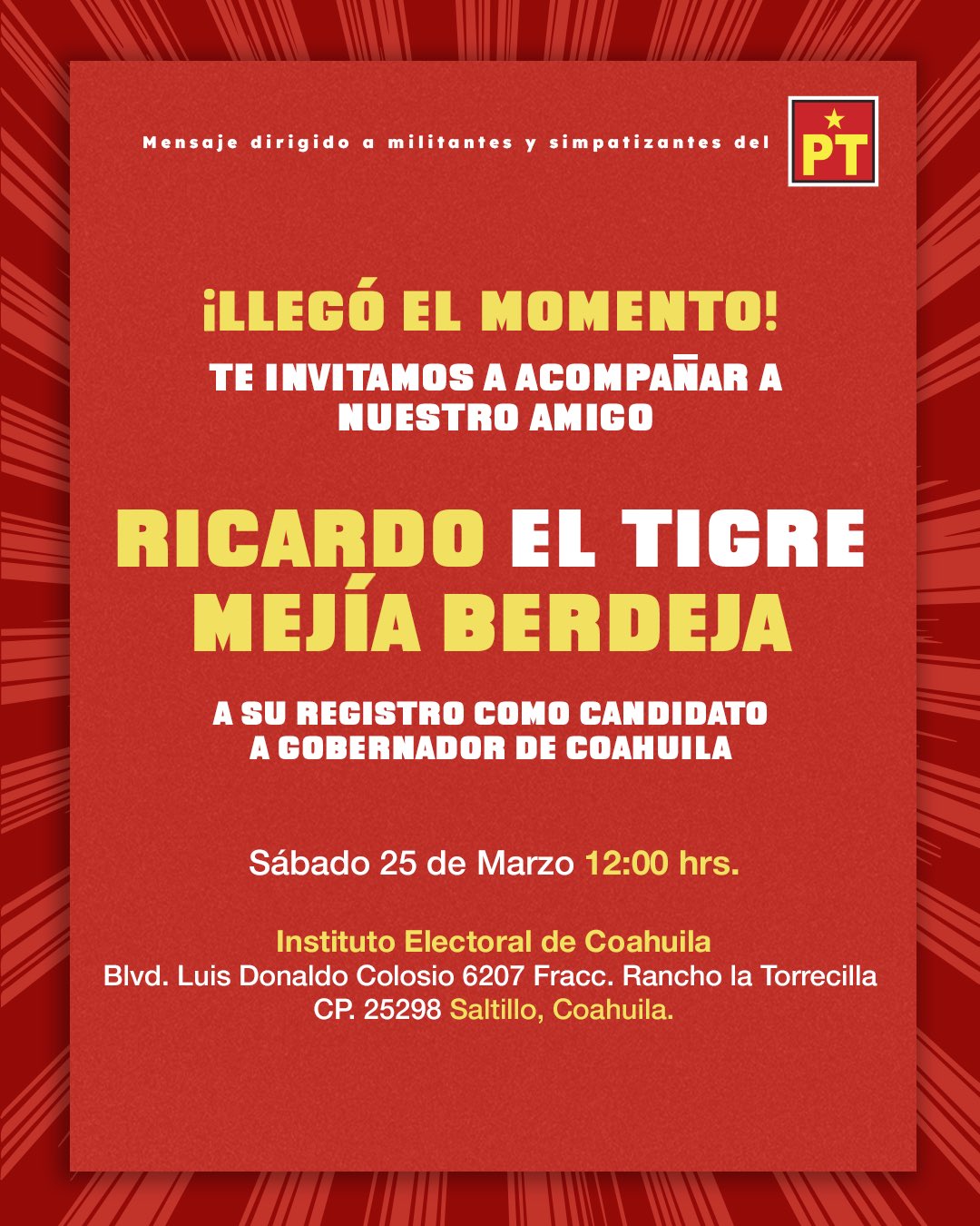 Berdeja convocó a simpatizantes del PT para el registro de su candidatura en Coahuila (Twitter @RicardoMeb)