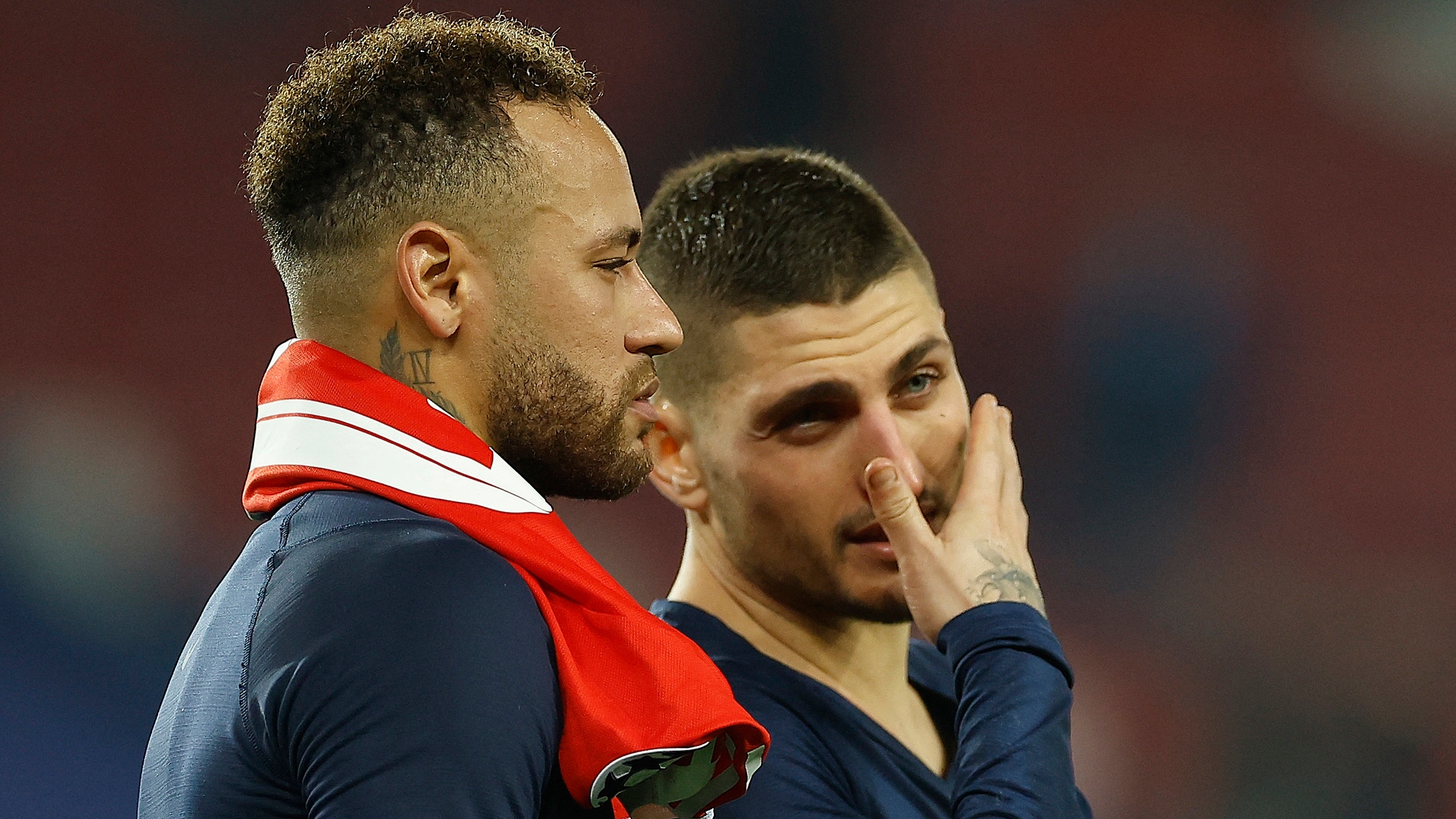 Soccer Football - Champions League - Round of 16 First Leg - Paris St Germain v Bayern Munich - Parc des Princes, Paris, France - February 14, 2023  Paris St Germain's Neymar and Paris St Germain's Marco Verratti look dejected after the match REUTERS/Christian Hartmann