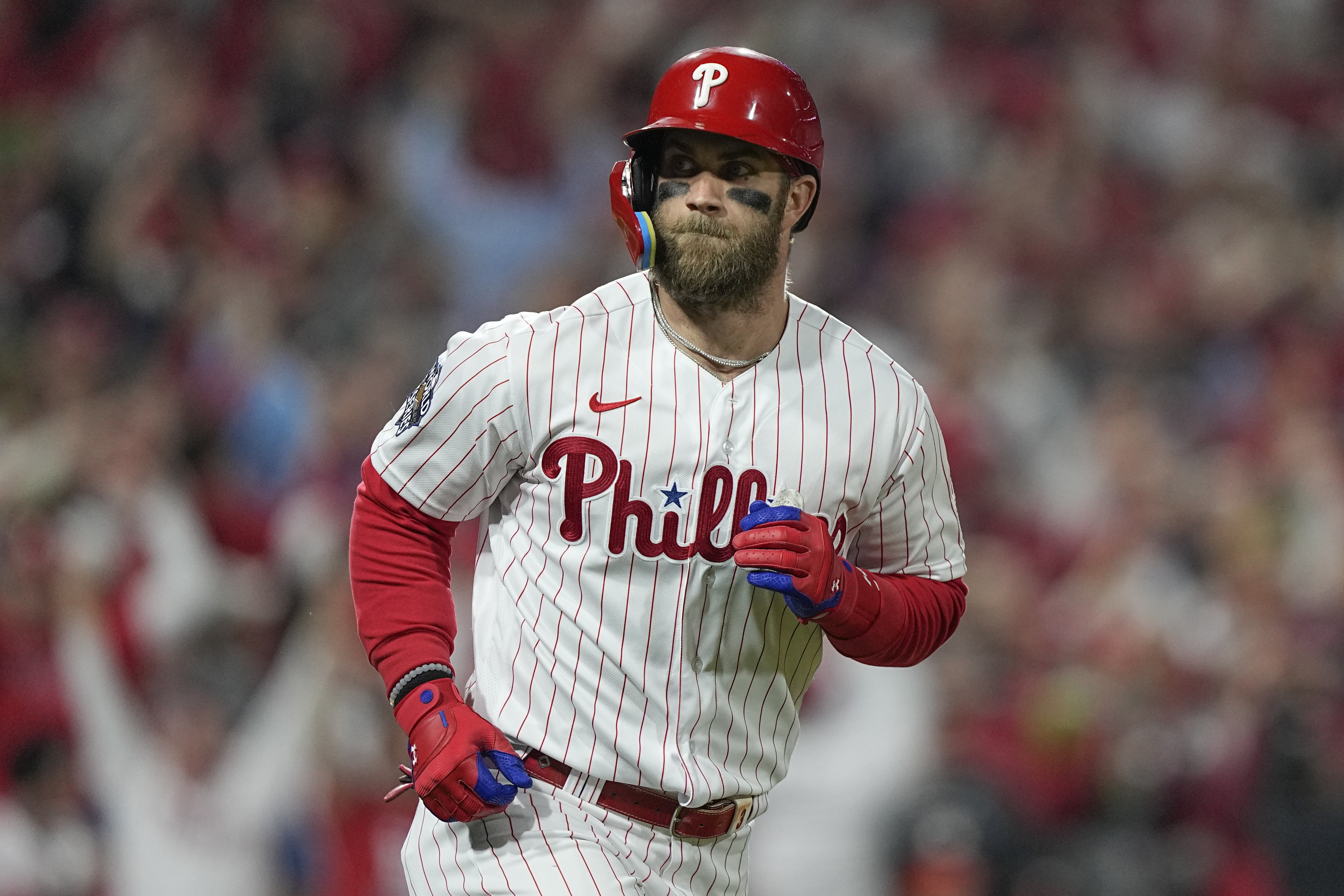 FILE 0 - In this Nov. 1, 2022 file photo, Philadelphia Phillies' Bryce Harper runs the bases after hitting a two-run home run in Game 3 of the World Series against the Houston Astros.  On Thursday, March 30, 2023, the Phillies place Harper on the 10-day disabled list.  (AP Photo/David J. Phillip, File)