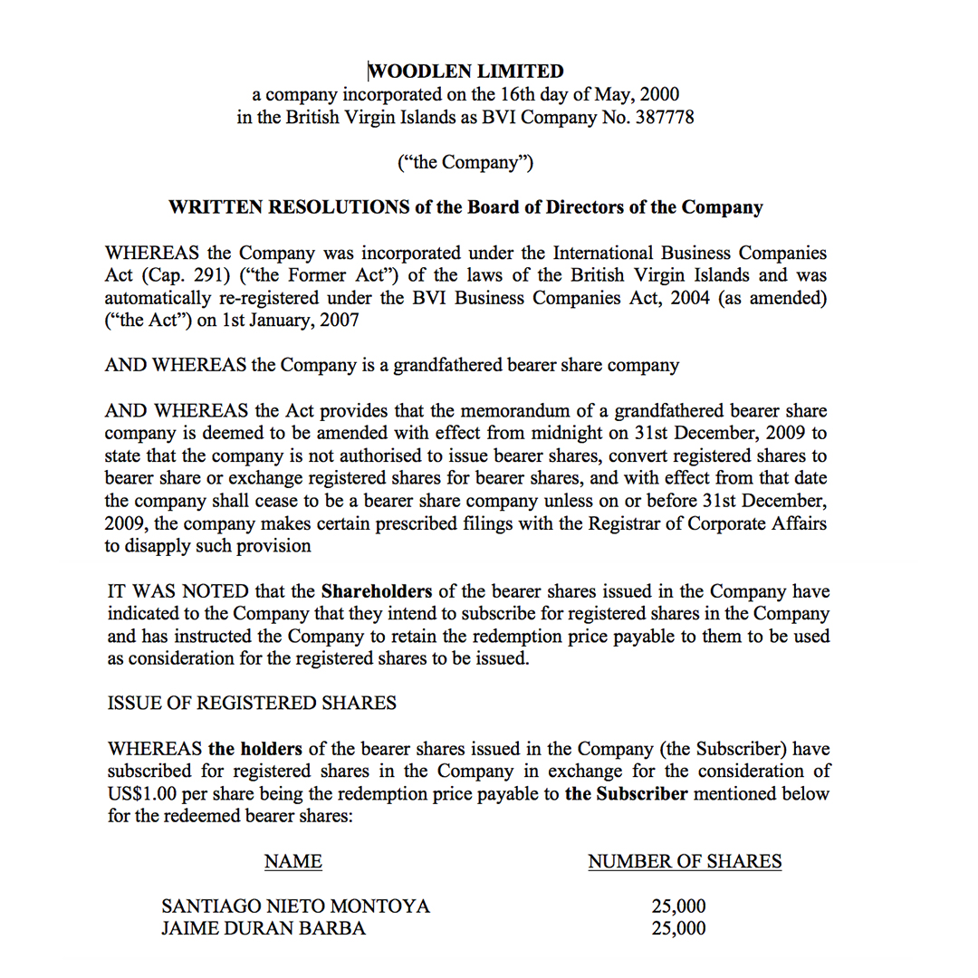 Estatuto de incorporación de Woodlen Ltd en BVI donde figuran Durán Barba y Nieto como accionistas