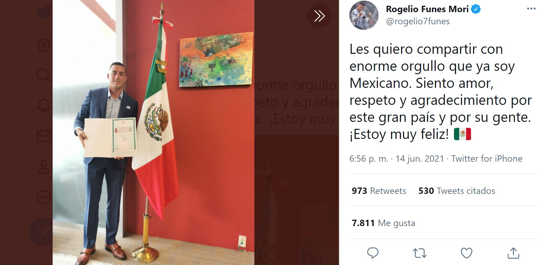Rogelio Funes Mori ya es mexicano y así lo expresó en redes sociales (Foto: Twitter/@rogelio7funes)