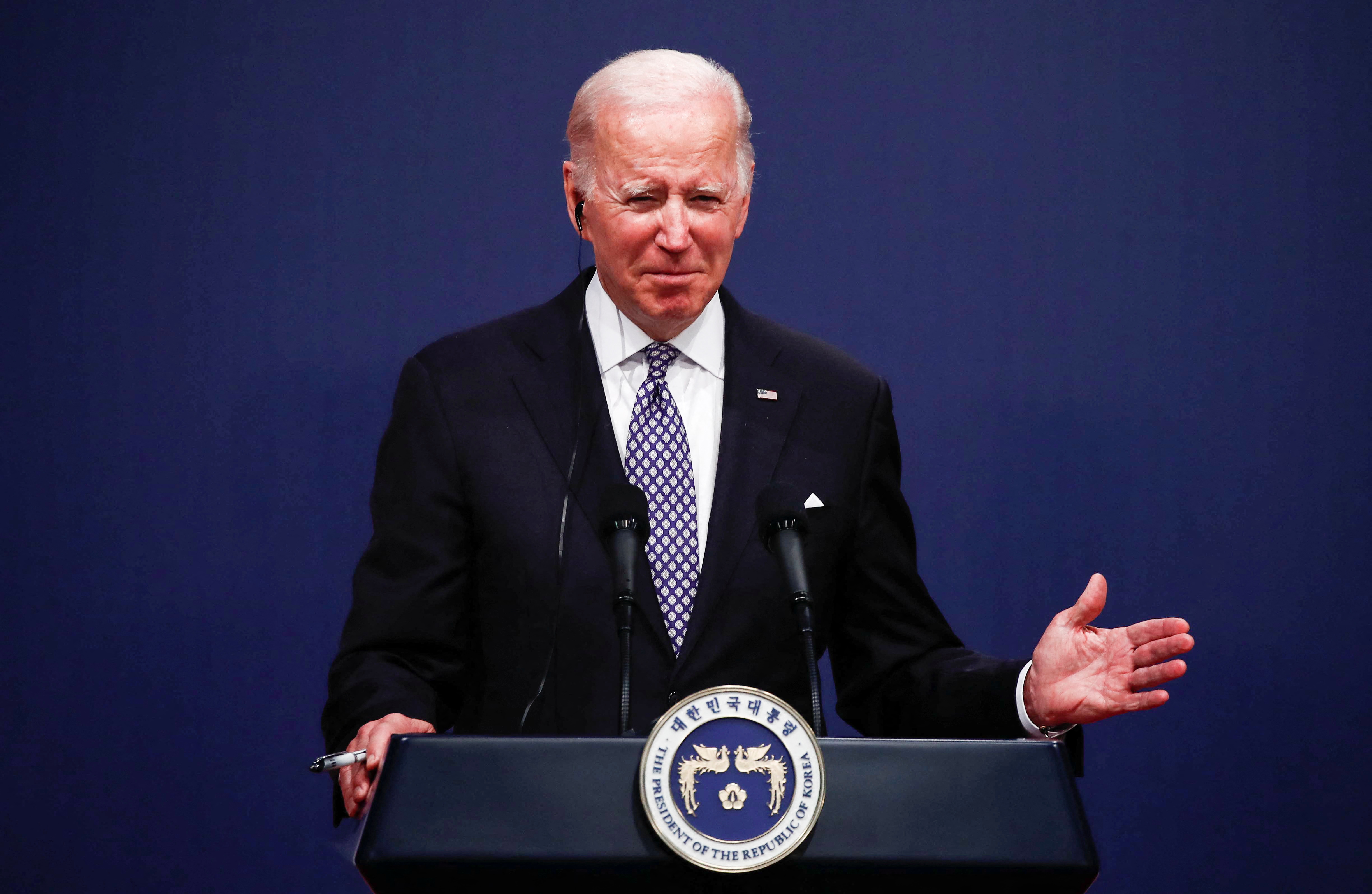 U.S. President Joe Biden reacts during a joint news conference with South Korean President Yoon Suk-yeol at the presidential office in Seoul, South Korea, May 21, 2022. Jeon Heon-Kyun/Pool via REUTERS