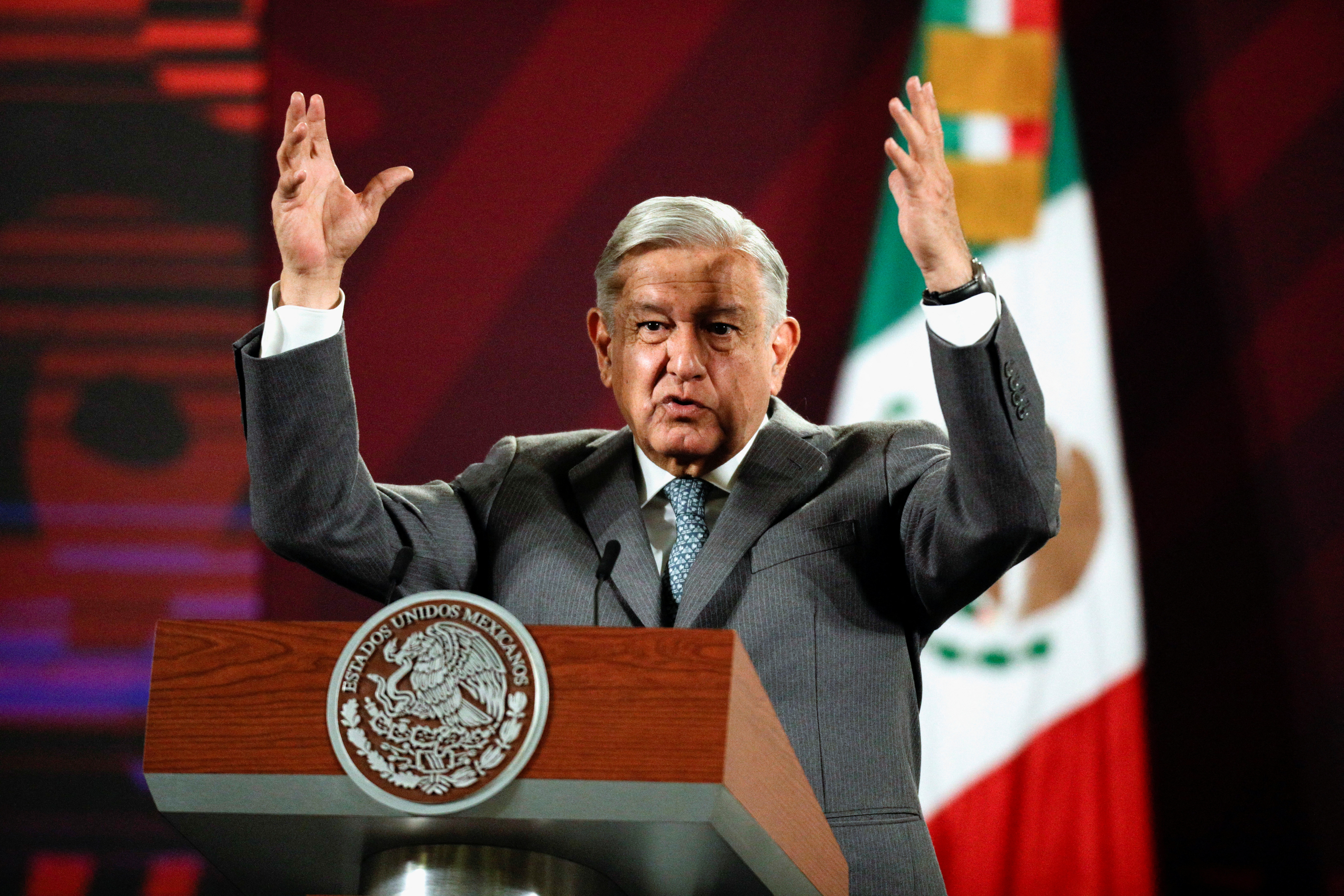 Mexican President Andres Manuel Lopez Obrador speaks during a news conference at the National Palace in Mexico City, Mexico March 7, 2023. REUTERS/Luis Cortes