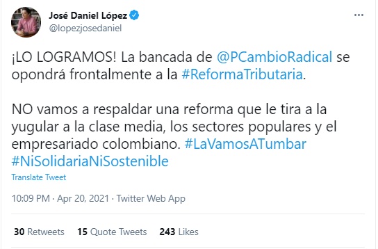 Captura de pantalla de Twitter del representante José Daniel López, partido Cambio Radical, celebrando acuerdo de bancada acerca del trámite de la  Reforma Tributaria del Gobierno Duque