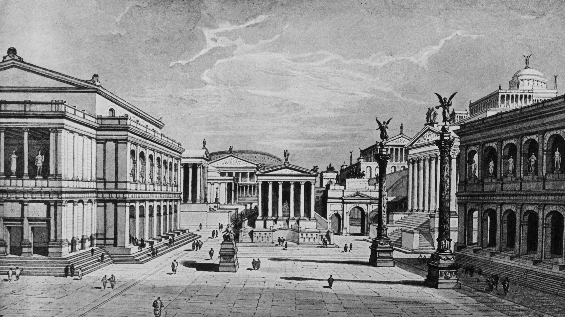 Una imagen que reconstruye la parte norte y este del antiguo Foro Romano (Photo by Hulton Archive/Getty Images)