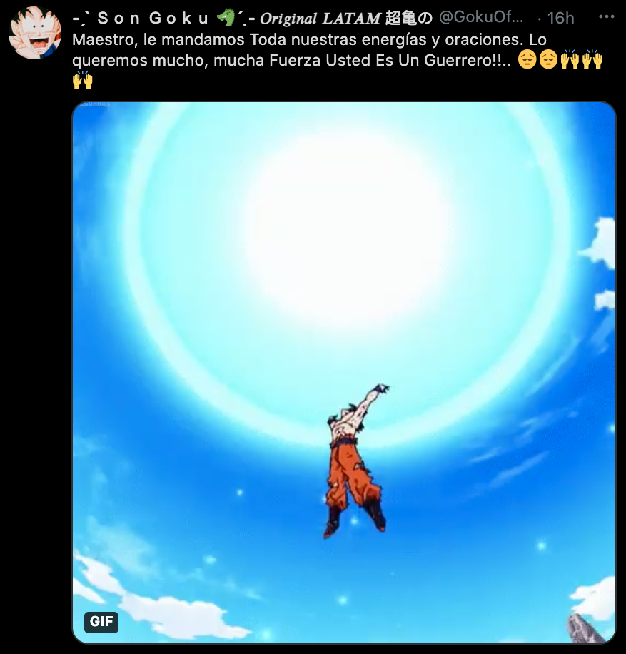 Al darse a conocer el estado de salud del tenor, los fans de Dragon Ball le enviaron parabienes (Foto: Twitter@GokuOfAlanna)