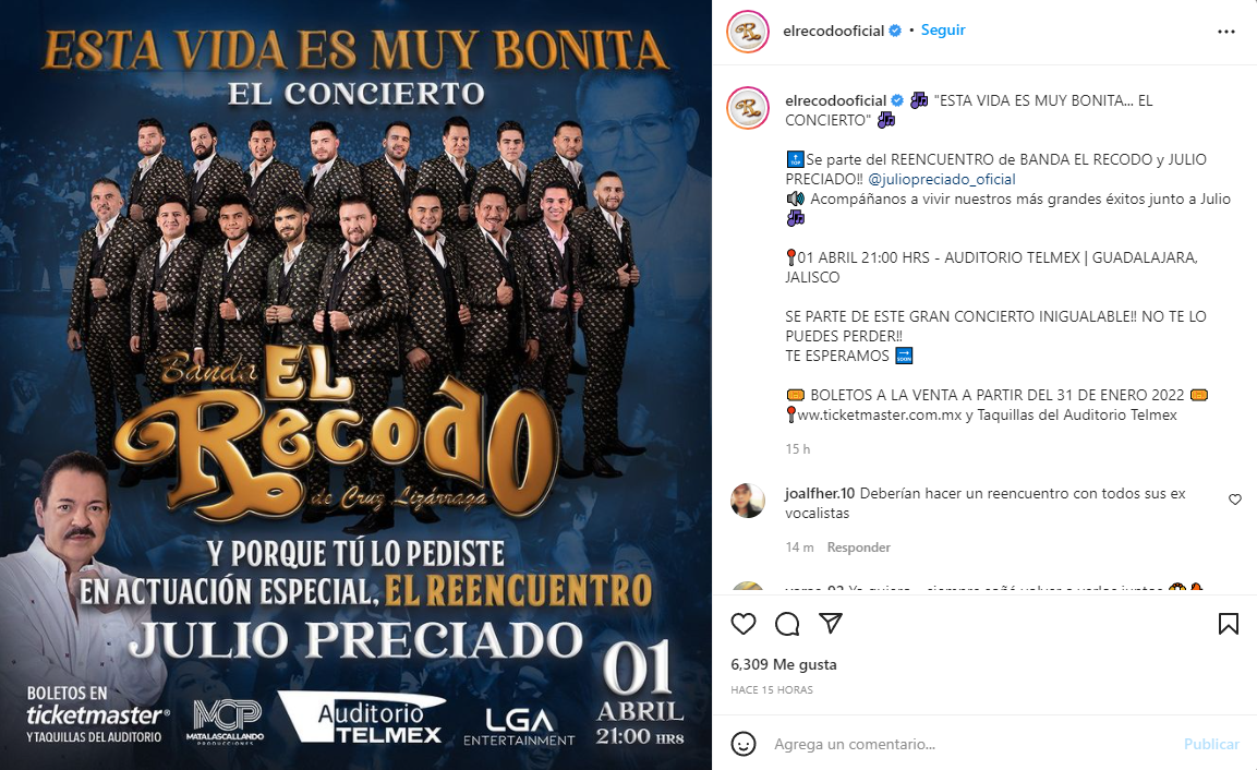 Banda El Recodo anuncia su primer concierto con Julio Preciado Foto: Instagram/@elrecodooficial