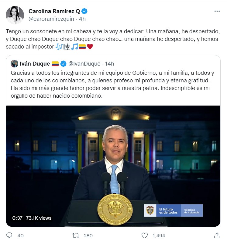 Carolina Ramírez reacciona al final del reinado de Iván Duque.  Foto: Twitter