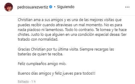 Pedro Suárez Vértiz envía saludos por cumpleaños a Christian Meier. Foto: captura
