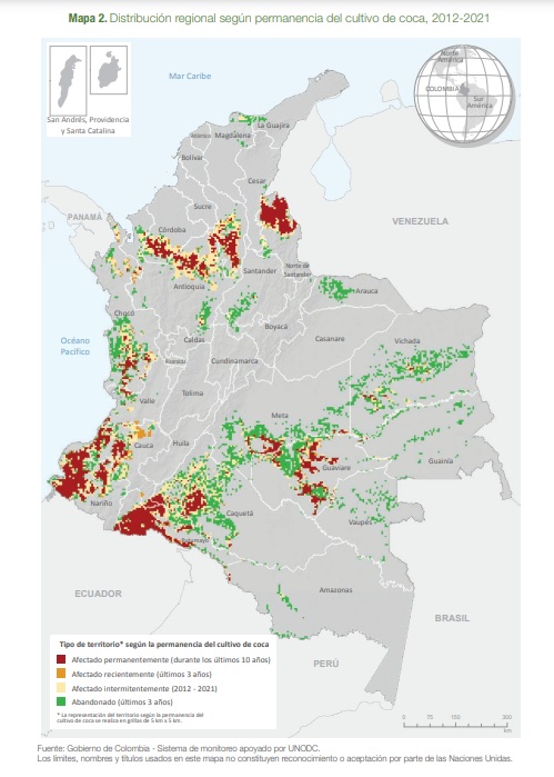 En este mapa se puede apreciar como los cultivos se han desplazado hacia las zonas con más permanencia de producción cocalera en el tiempo. Fuente: Gobierno de Colombia - Sistema de monitoreo apoyado por UNODC.