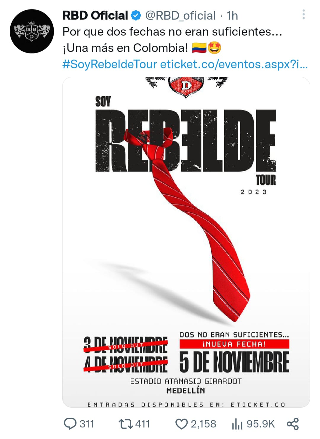 RBD confirmó la tercera fecha de su gira "Soy Rebelde Tour 2023" para el 5 de Noviembre. Cortesía: @RBD_oficial