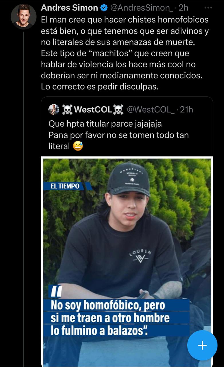 Andrés Simón le respondió a Westcol sobre sus afirmaciones homofóbicas. @AndresSimon_/Twitter