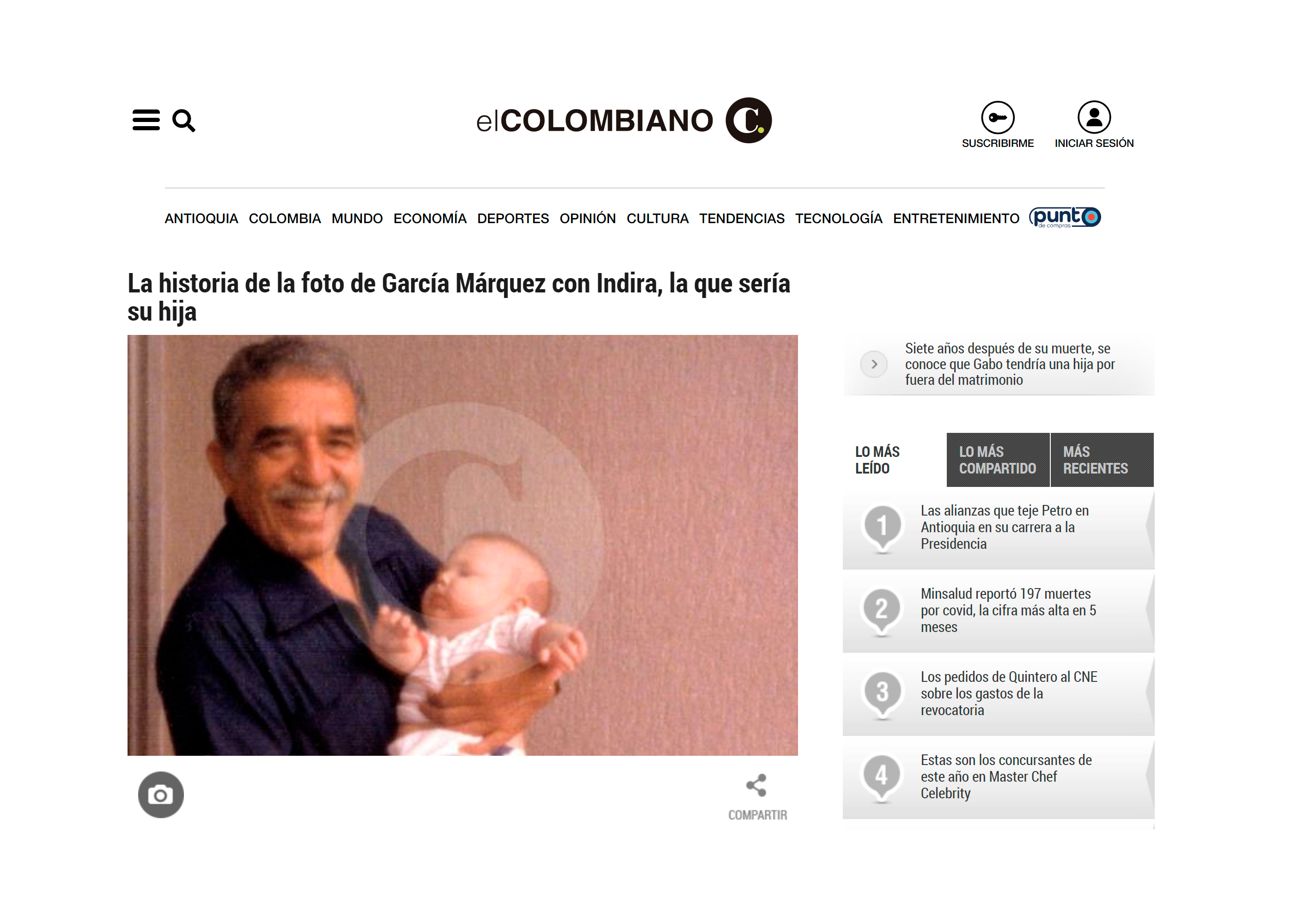 El diario El Colombiano publicó una foto de García Márquez con un bebé en brazos.